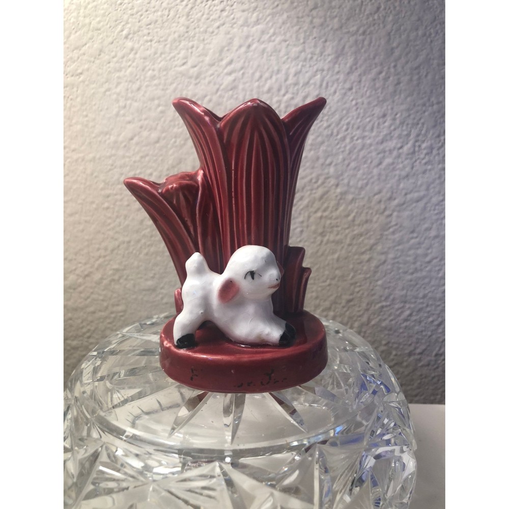 Vintage 4 Inch Burgundy Bud Vase with Baby Lamb